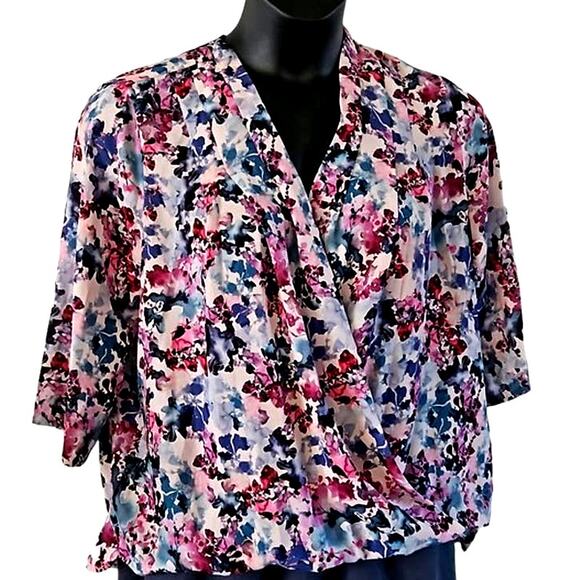 Lark & Ro Women’s Floral 3/4 Sleeve Faux Wrap Blouse - Size Large - Draped Front - Picture 7 of 8